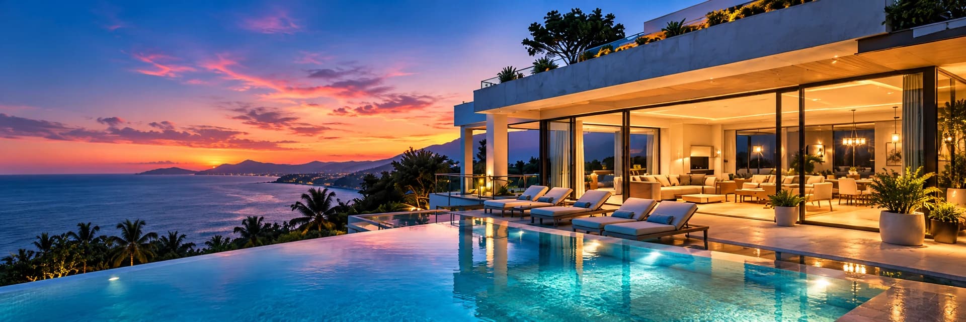 A contemporary coastal villa overlooking an infinity pool at sunset