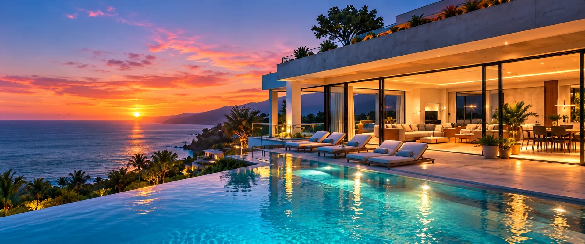 Modern villa with an illuminated terrace at sunset